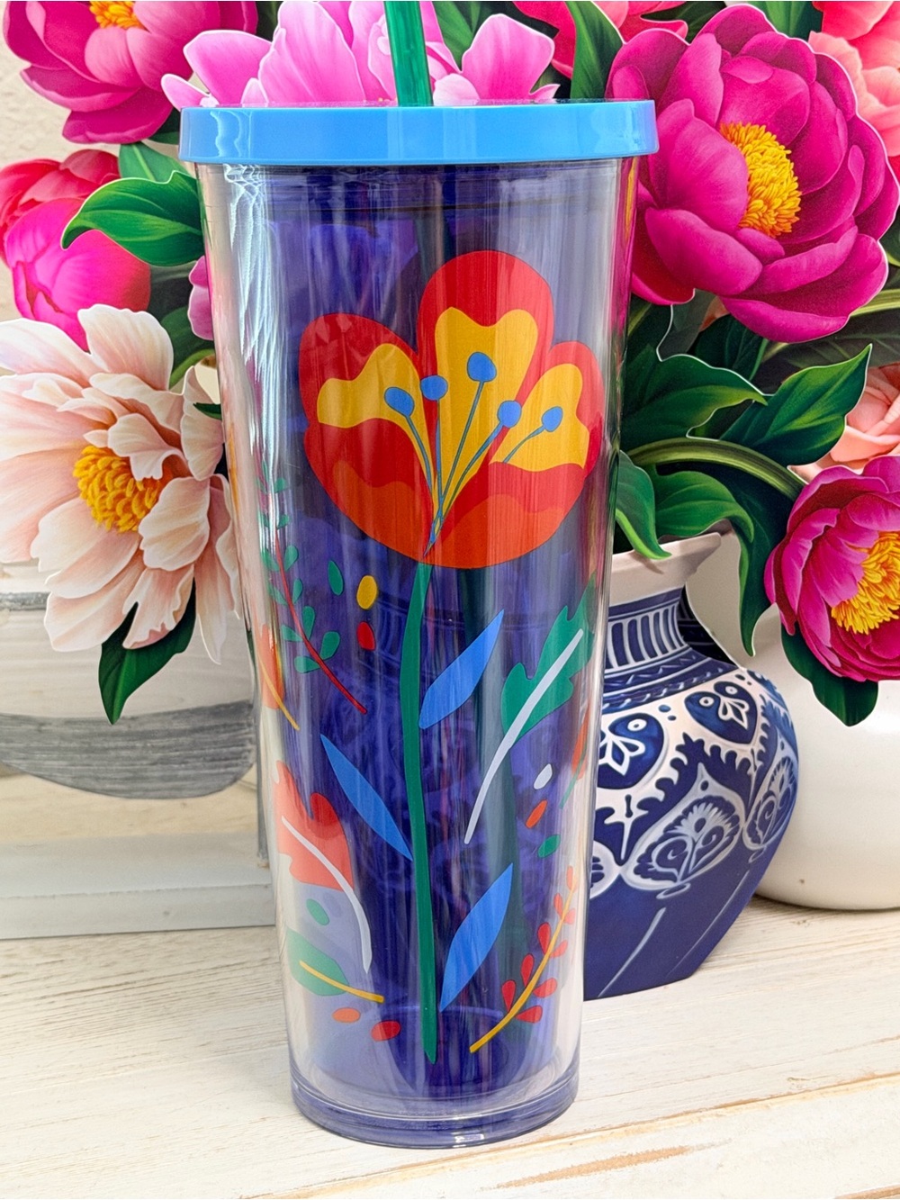 Starbucks Blue Floral Double-Wall Tumbler with Green Straw